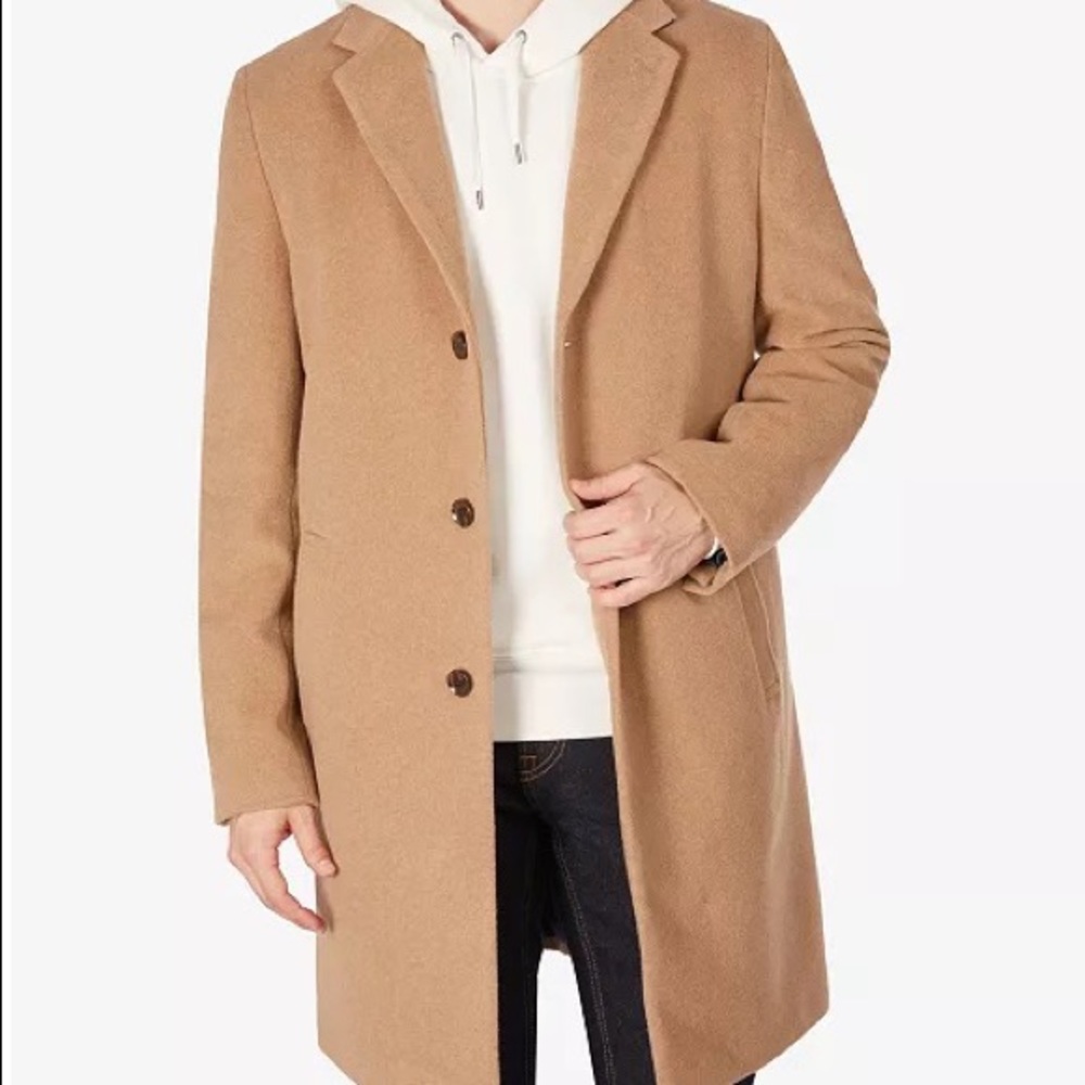 Tommy Hilfiger Men's Addison Wool-Blend Trim Fit Overcoat in Camel